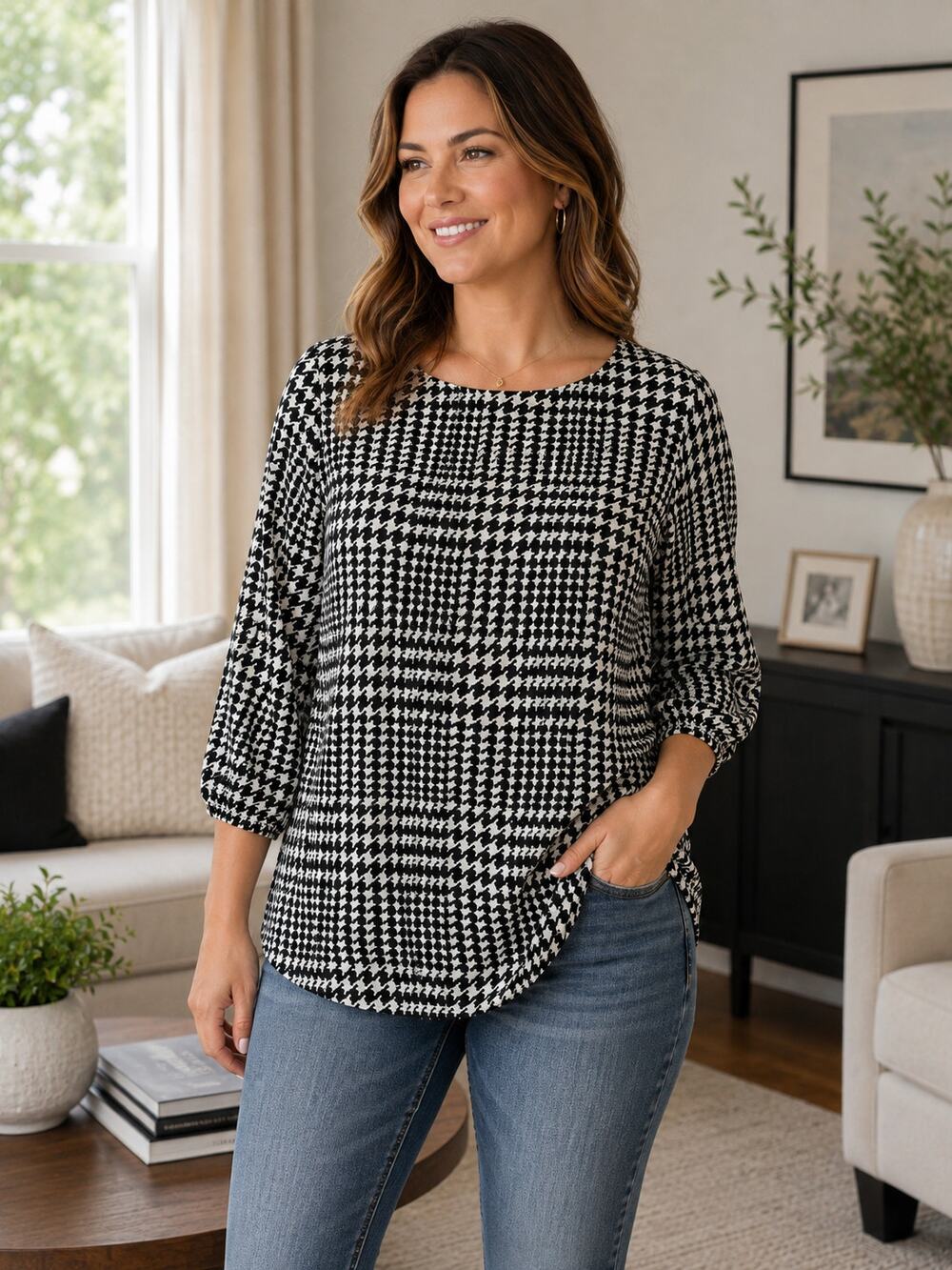 Talbots Petite Women’s MP Black White Geometric Print 3/4 Sleeve Blouse